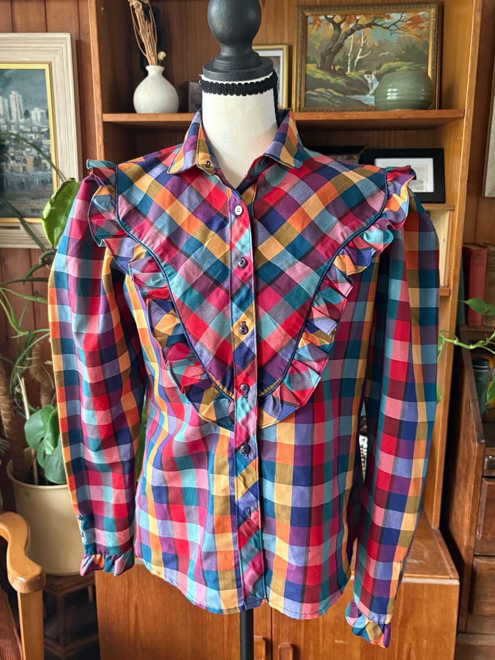 90s Vintage Western Colourful Check Ruffle Blouse L